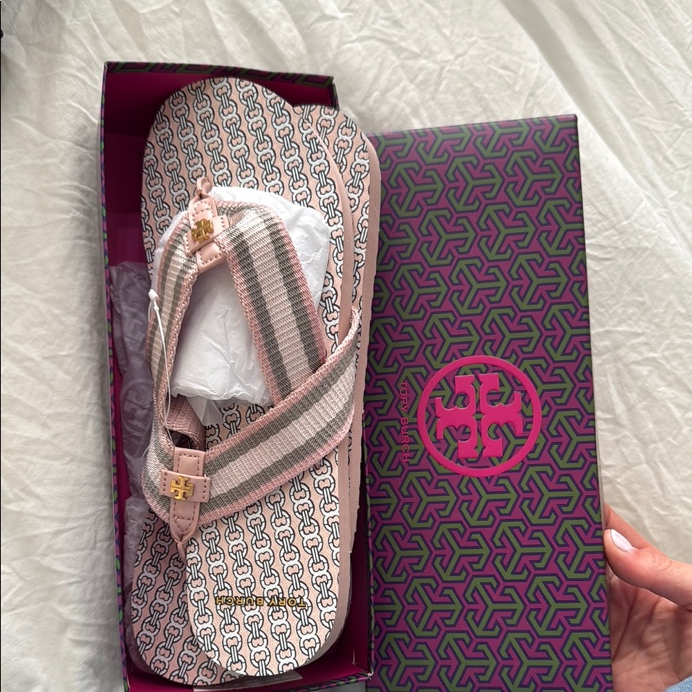 Tory Burch Patterned Pink and White Sandals